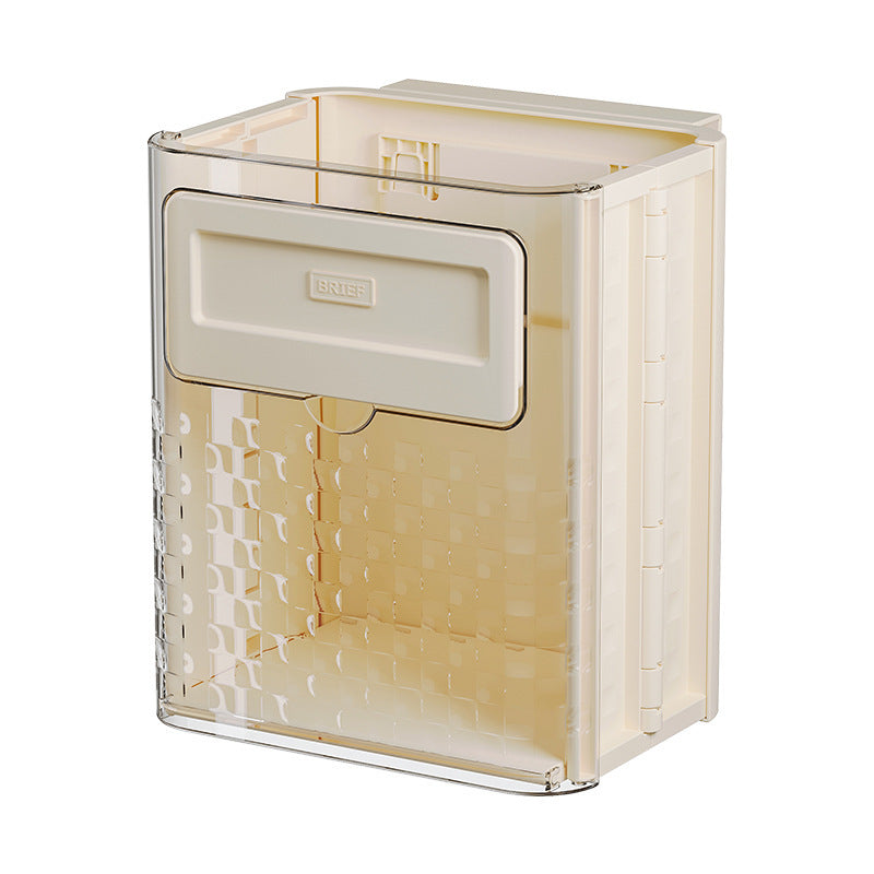 Foldable wall-mounted kitchen trash can for home use; made of plastic; installs with traceless adhesive.