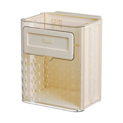 Foldable wall-mounted kitchen trash can for home use; made of plastic; installs with traceless adhesive.