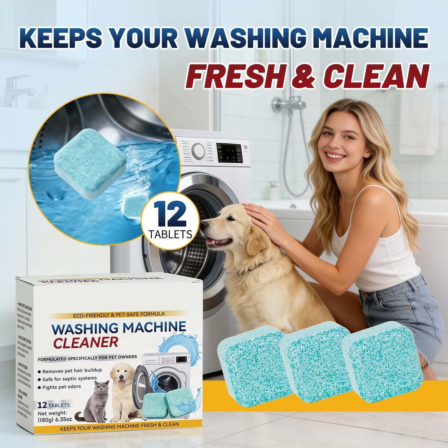 Washing machine stain removal, odor removal, and freshening cleaning tablets