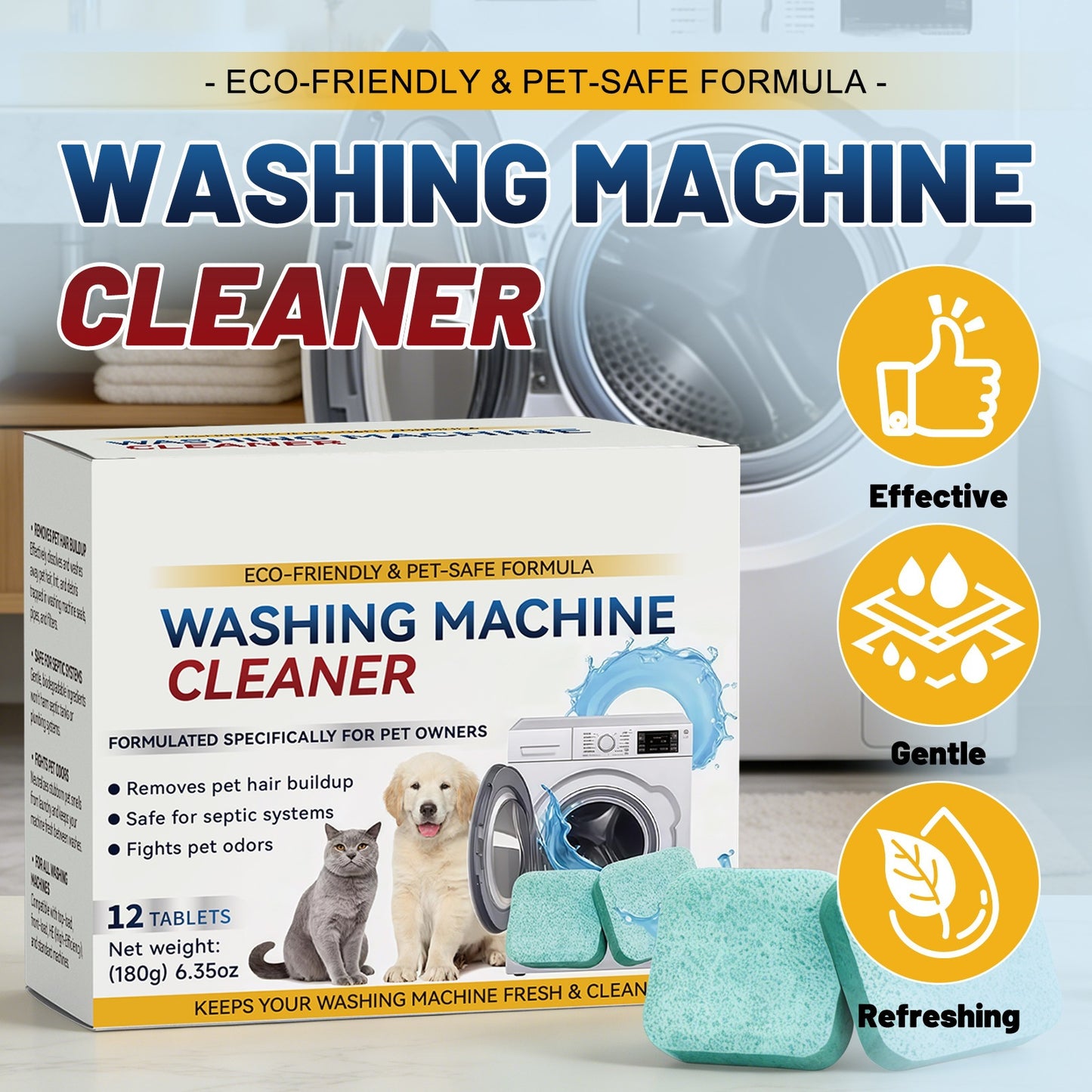 Washing machine stain removal, odor removal, and freshening cleaning tablets