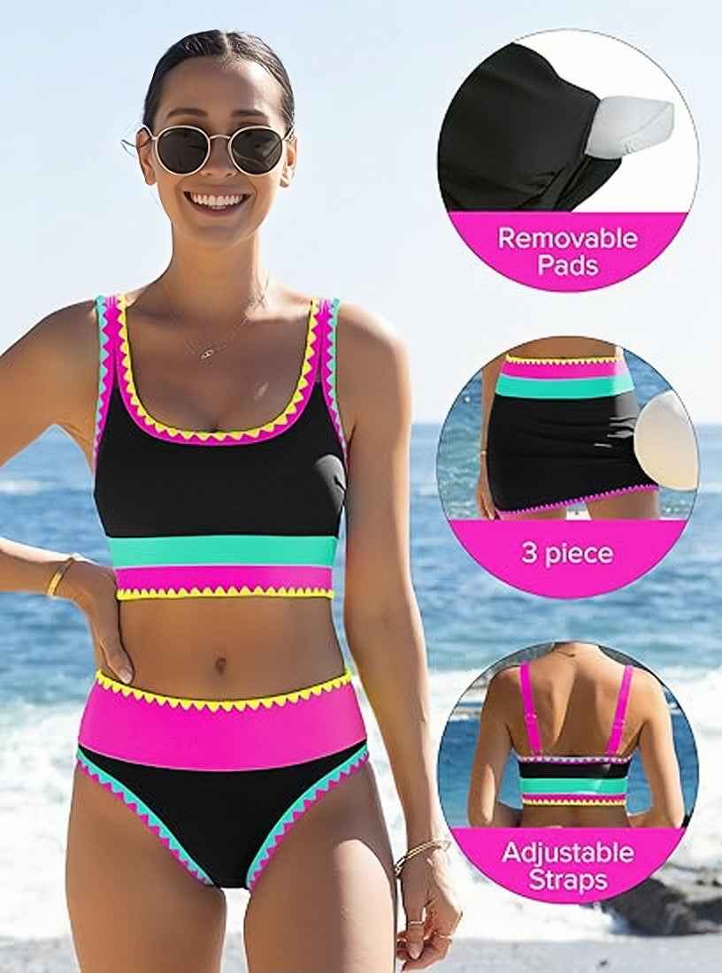 🎁New Arrival 50% OFF💥Color Block Patchwork Nylon Sporty 3-Piece Bikini Set - High Waisted & Tummy Control Swimsuit👙🌈