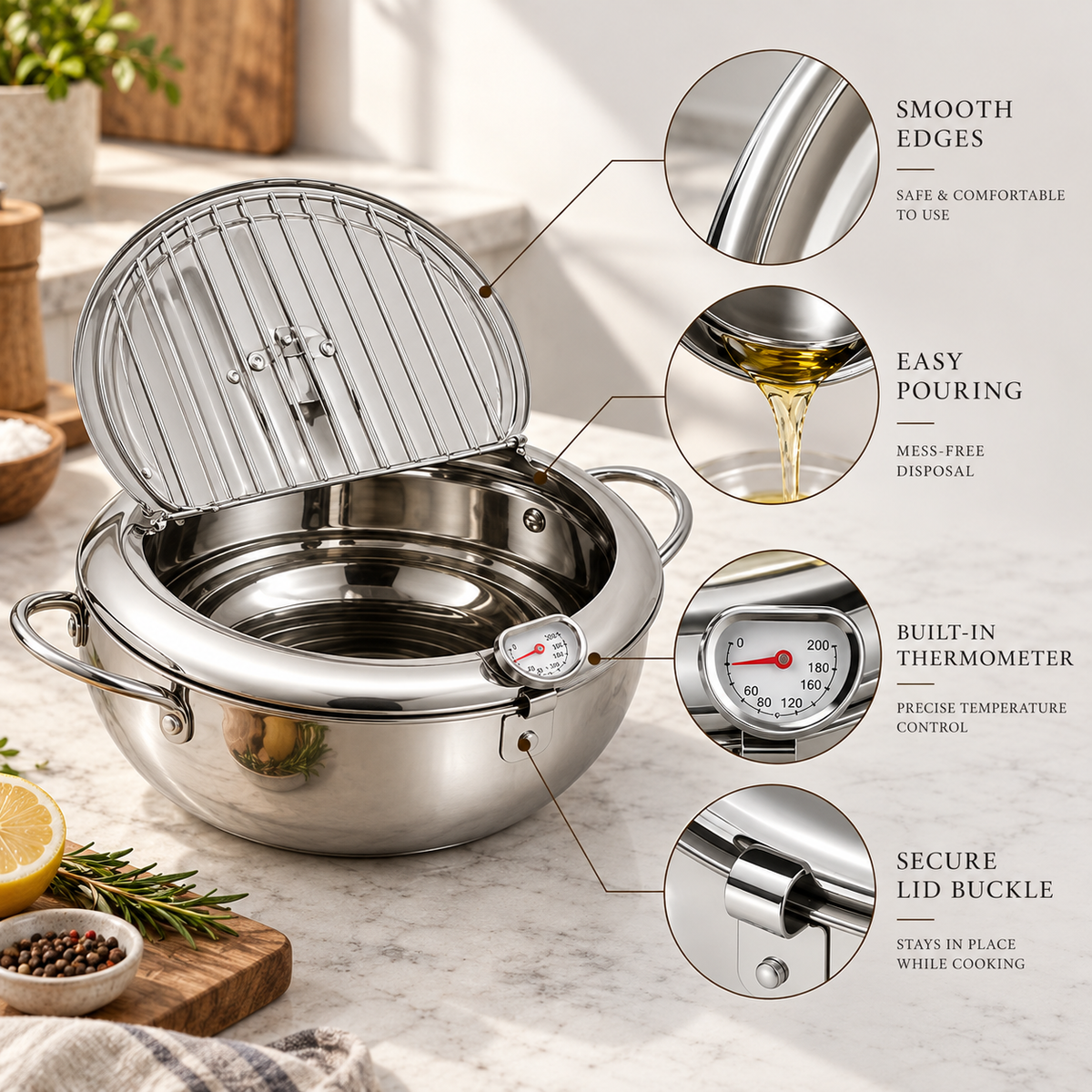 🍳Stainless Steel Tempura Deep Fryer | With Thermometer & Oil Draining Rack, Perfect for Home Deep Frying
