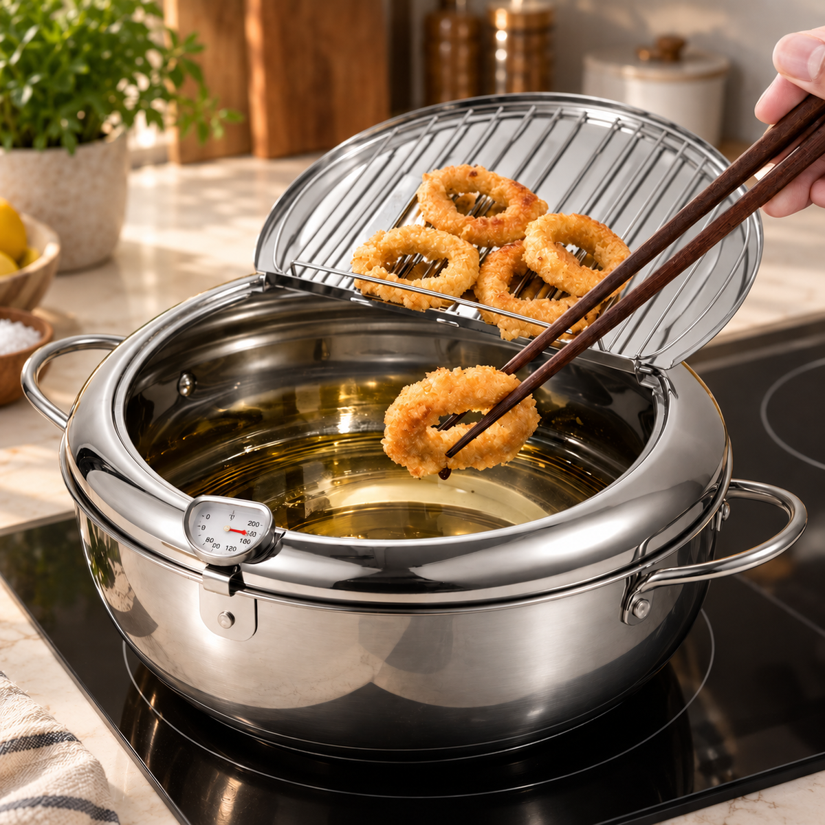 🍳Stainless Steel Tempura Deep Fryer | With Thermometer & Oil Draining Rack, Perfect for Home Deep Frying