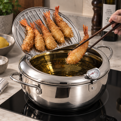 🍳Stainless Steel Tempura Deep Fryer | With Thermometer & Oil Draining Rack, Perfect for Home Deep Frying