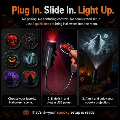 🎃 Plug-&-Play HD Star Projector | Halloween 6-Disc Set ✨ Easy Setup Halloween Party Decor Lamp