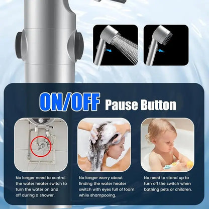 🚿 Silver Filtered Handheld Shower Head | ON/OFF Switch, High Pressure Turbo Flow, Chlorine Filter for Hard Water