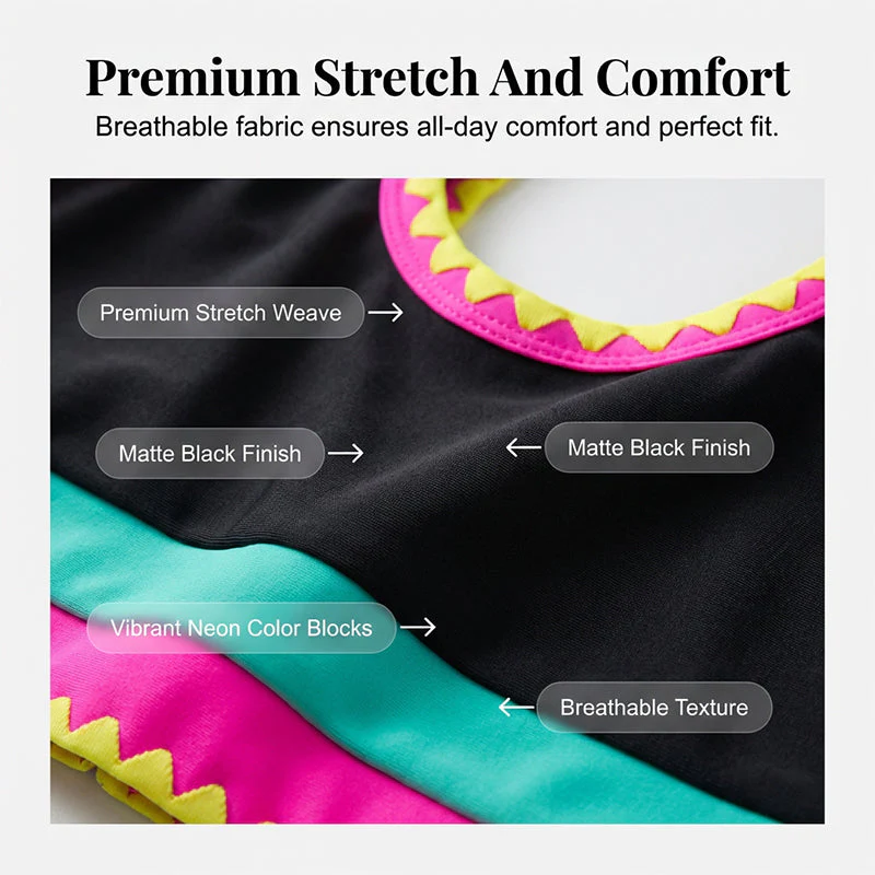 🎁New Arrival 50% OFF💥Color Block Patchwork Nylon Sporty 3-Piece Bikini Set - High Waisted & Tummy Control Swimsuit👙🌈