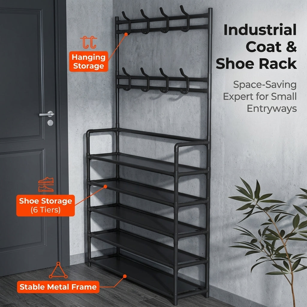 ✨ 3-in-1 Hall Tree | Entryway Coat & Shoe Organizer Rack with 8 Hooks
