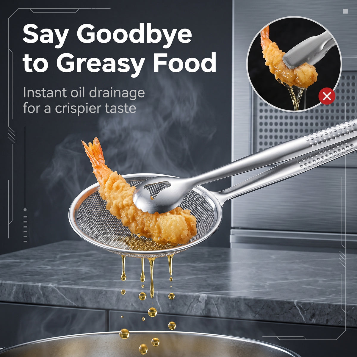 🥳💥Buy 1 Get 1 Free🍃🏆A must-have stainless steel grease-draining tongs for the kitchen – the perfect choice for deep-frying, barbecuing, hotpot and cooking