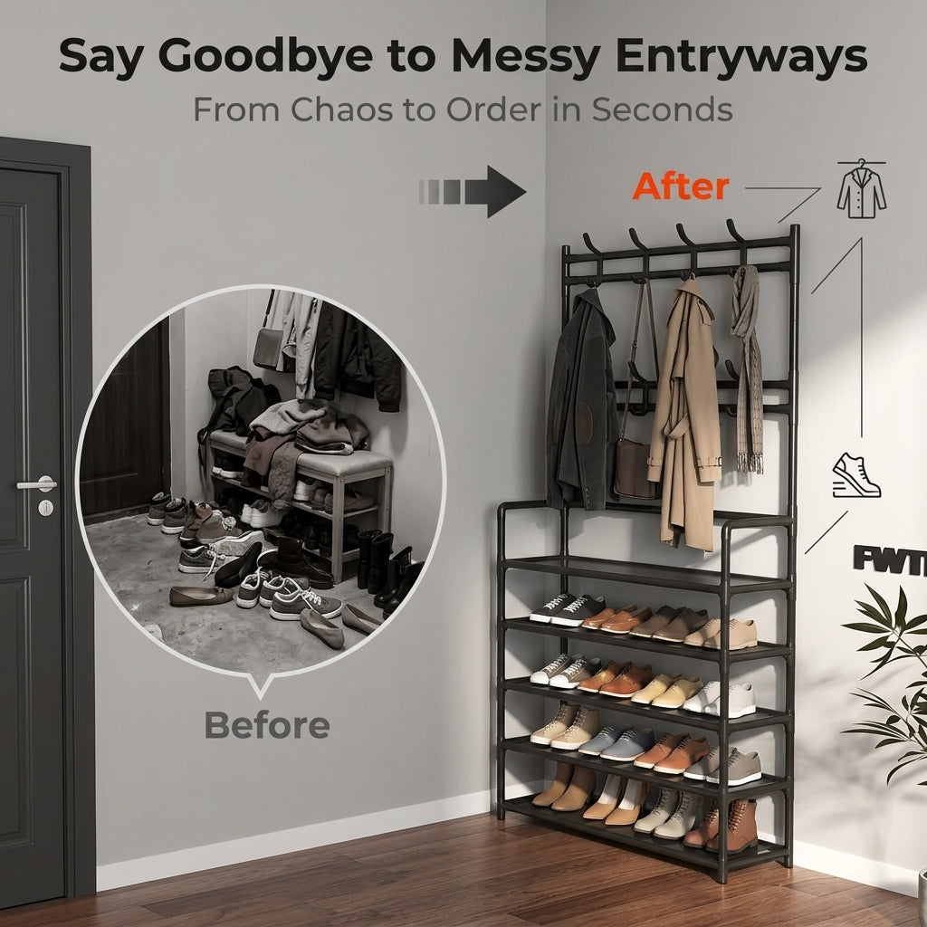 ✨ 3-in-1 Hall Tree | Entryway Coat & Shoe Organizer Rack with 8 Hooks