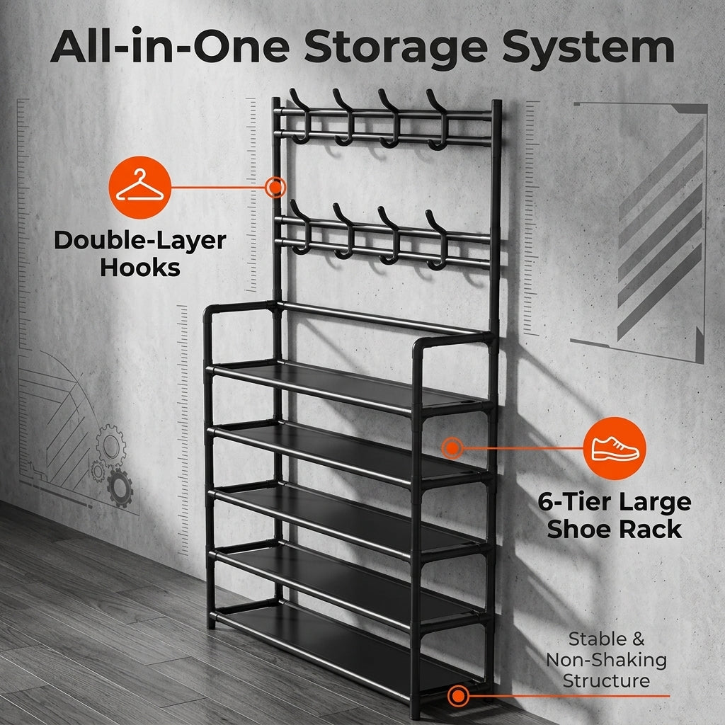 ✨ 3-in-1 Hall Tree | Entryway Coat & Shoe Organizer Rack with 8 Hooks