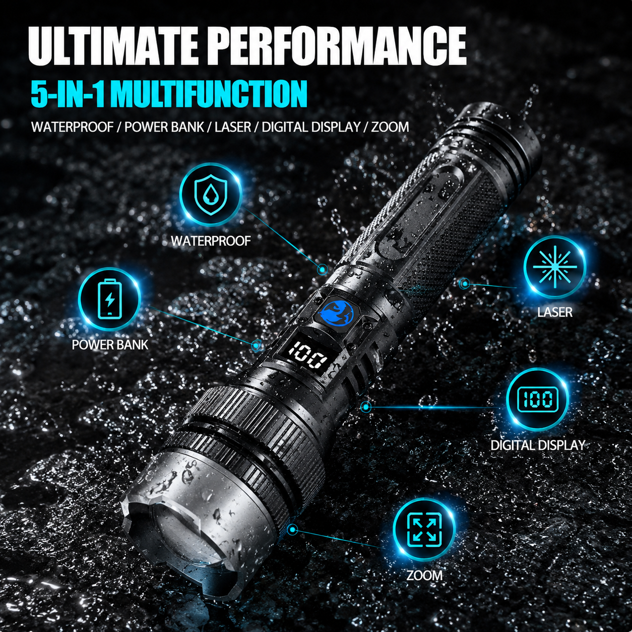 💎 50% OFF! 💎High-power laser with aluminum head heat dissipation, telescopic zoom laser cannon, power bank, digital display flashlight