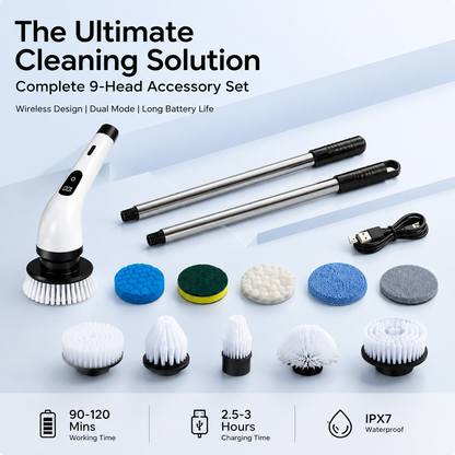 🧽 50% OFF LIMITED SALE! ✨ 9-in-1 Electric Cleaning Brush - 6 Interchangeable Heads with IPX7 Waterproof Rating for Bathroom & Car Cleaning 🚿🚗