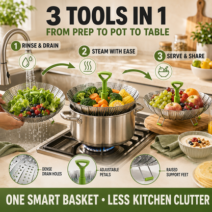 🥦 50% OFF 3-in-1 Adjustable Folding Steamer Basket ✨ Steam, Rinse & Serve with Ease