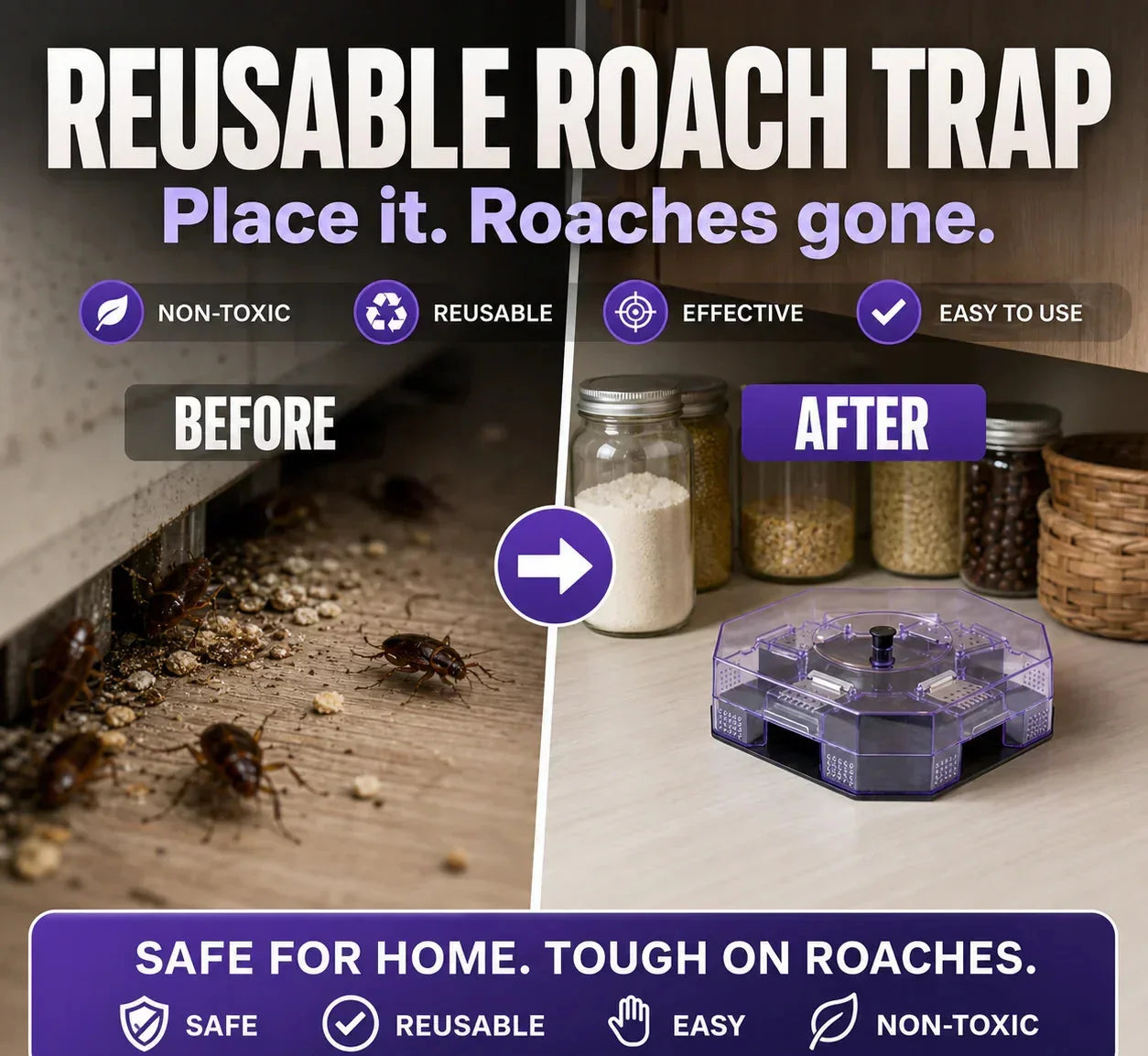 🏆 Last Day Special Price £6.99🔥Reusable Effective Roach Trap， Non-Toxic Sticky Cockroach Catcher for Kitchen Home Indoor Pest Control