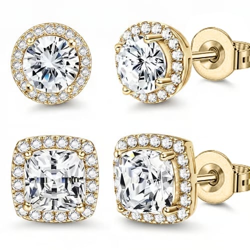 🥳2026 HOT SALE🥳Halo Stud Earrings 4-Pack- Gold & Silver Round/Square Styles