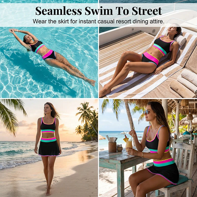 🎁New Arrival 50% OFF💥Color Block Patchwork Nylon Sporty 3-Piece Bikini Set - High Waisted & Tummy Control Swimsuit👙🌈