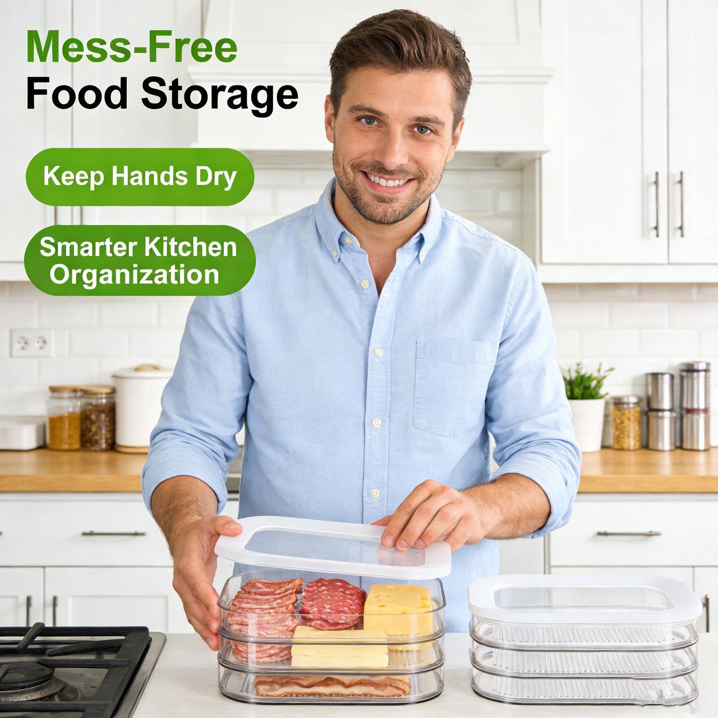 🥓 Keep sliced ham, cheese fresh! Fridge deli meat organizer, stackable airtight design