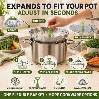 🥦 50% OFF 3-in-1 Adjustable Folding Steamer Basket ✨ Steam, Rinse & Serve with Ease