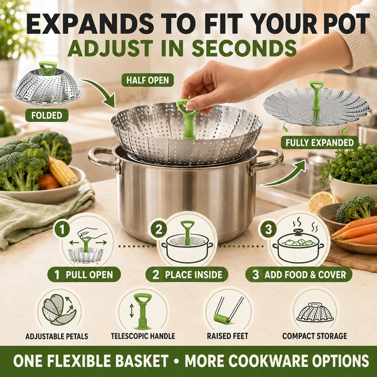 🍲50% OFF NOW!Stainless Steel Expandable Steamer Basket