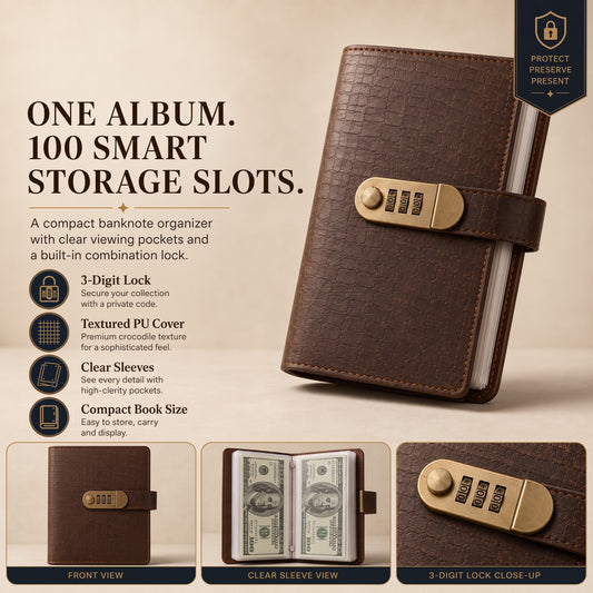 🎁Transparent pocket-sized currency collection album, made of premium PU leather, with a combination lock-1