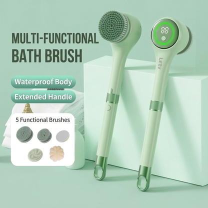 🚿 Electric Long Handle Shower Back Scrubber ✨ IPX Waterproof | 5 Brush Heads & 3 Speeds, USB Rechargeable Full Body Exfoliator for Sensitive Skin