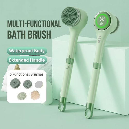 🚿 Electric Long Handle Shower Back Scrubber ✨ IPX Waterproof | 5 Brush Heads & 3 Speeds, USB Rechargeable Full Body Exfoliator for Sensitive Skin