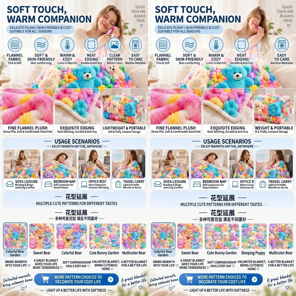 🧸 Plush Bear Flower Blanket, Ins Macaron Color Cozy Throw Blanket, Soft Fluffy Lightweight Blanket for Sofa, Bed, Home Decor & Gift