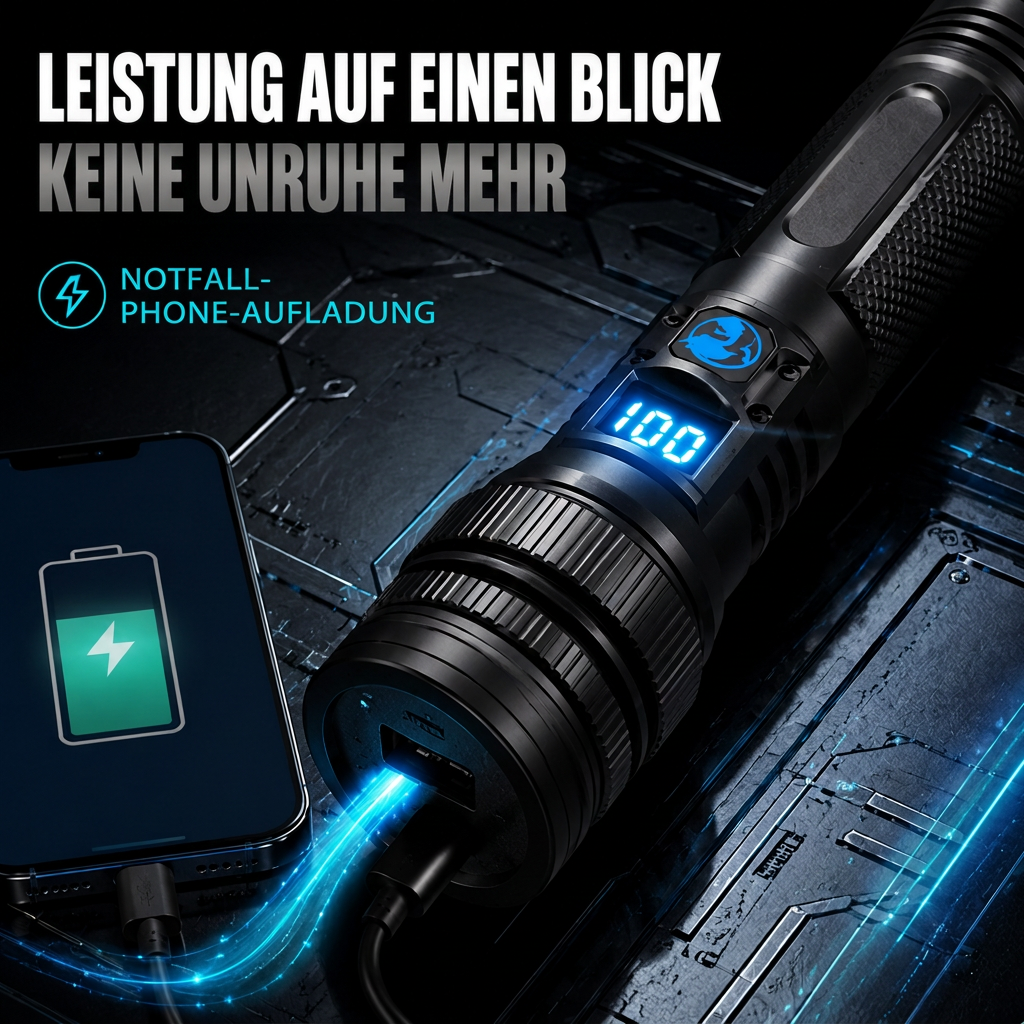 💎 50 % Rabatt! 💎 Hochleistungs-Taschenlampe: ausgestattet mit einem wärmeableitenden Kopf aus Aluminiumlegierung und Teleskop-Zoom-Funktion für starkes, gebündeltes Licht; dient zudem als Powerbank und verfügt über eine digitale Akkustandsanzeige.