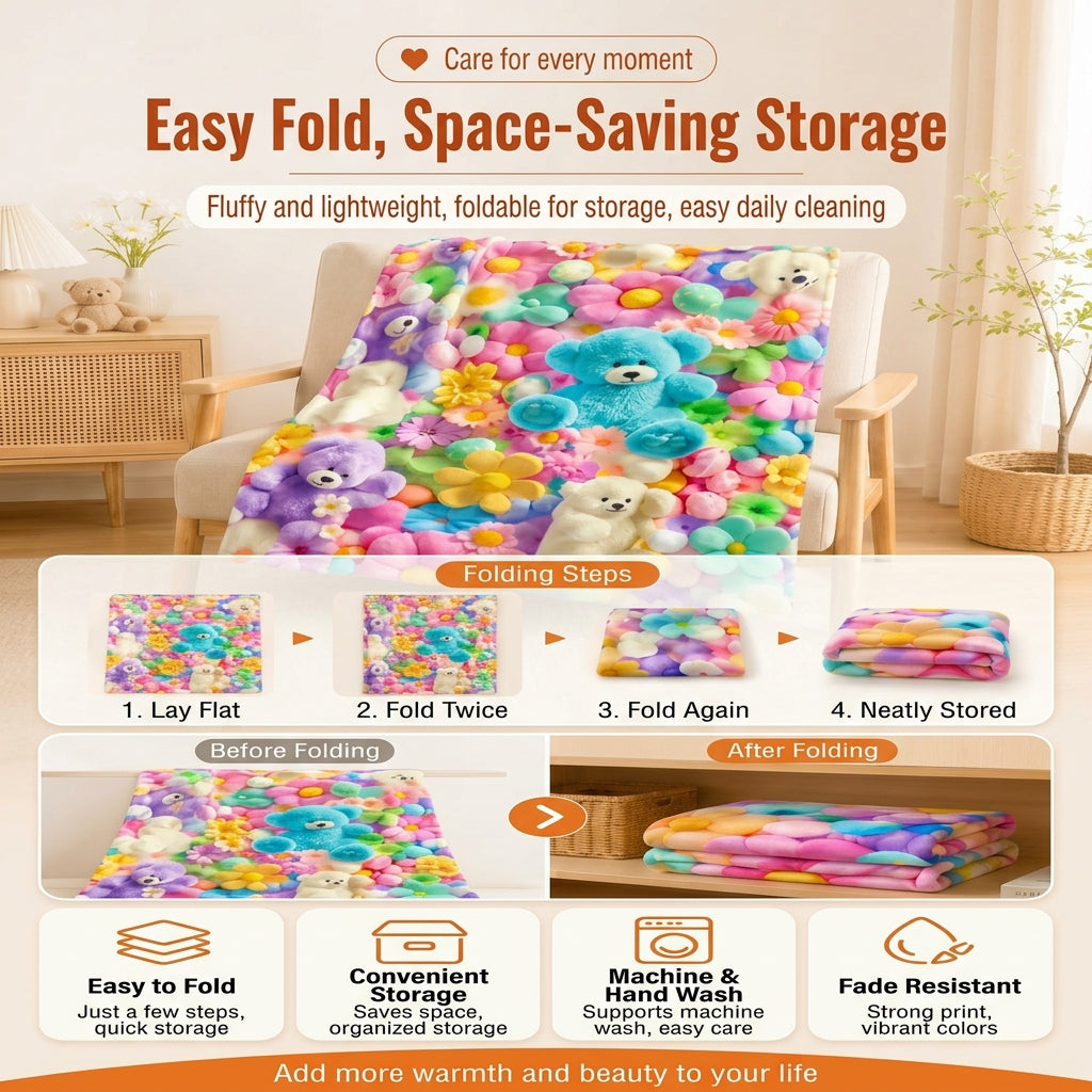 🧸 Plush Bear Flower Blanket, Ins Macaron Color Cozy Throw Blanket, Soft Fluffy Lightweight Blanket for Sofa, Bed, Home Decor & Gift