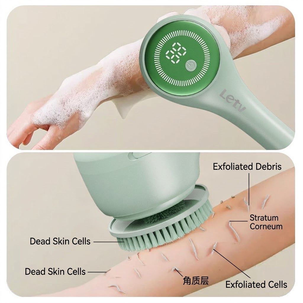 🚿 Electric Long Handle Shower Back Scrubber ✨ IPX Waterproof | 5 Brush Heads & 3 Speeds, USB Rechargeable Full Body Exfoliator for Sensitive Skin